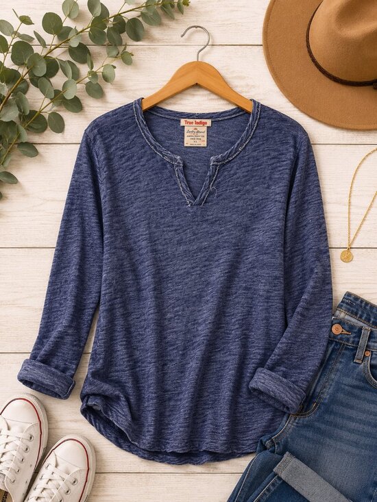 Lucky Brand Tops - Lucky Brand True Indigo Long Sleeve Tee Small Blue Slub Knit Casual Boho Top